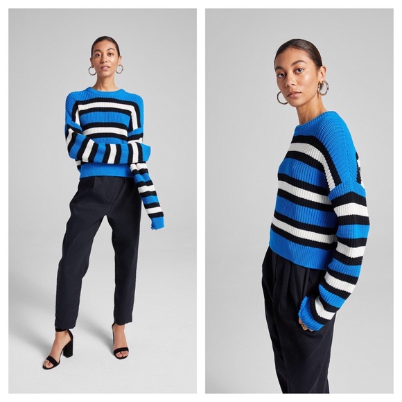 A.L.C. Matthews Striped Chunky Knit Azure Blue Oversized Pullover Sweater sz S - Picture 3 of 9